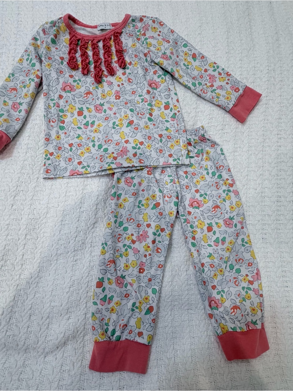 Girls' Floral Ruffle-Trim Cotton Pajama Set in Pink